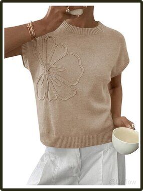 Women's Ribbed Knit Floral Summer Sweater Vest Cap Sleeve Crew Neck Lightweight